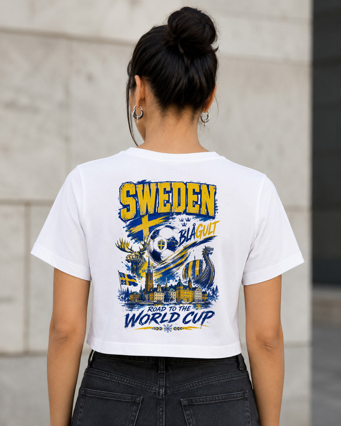 Schweden WM Shirt 2026 – Frauen Crop Shirt Weiss, Rückenprint