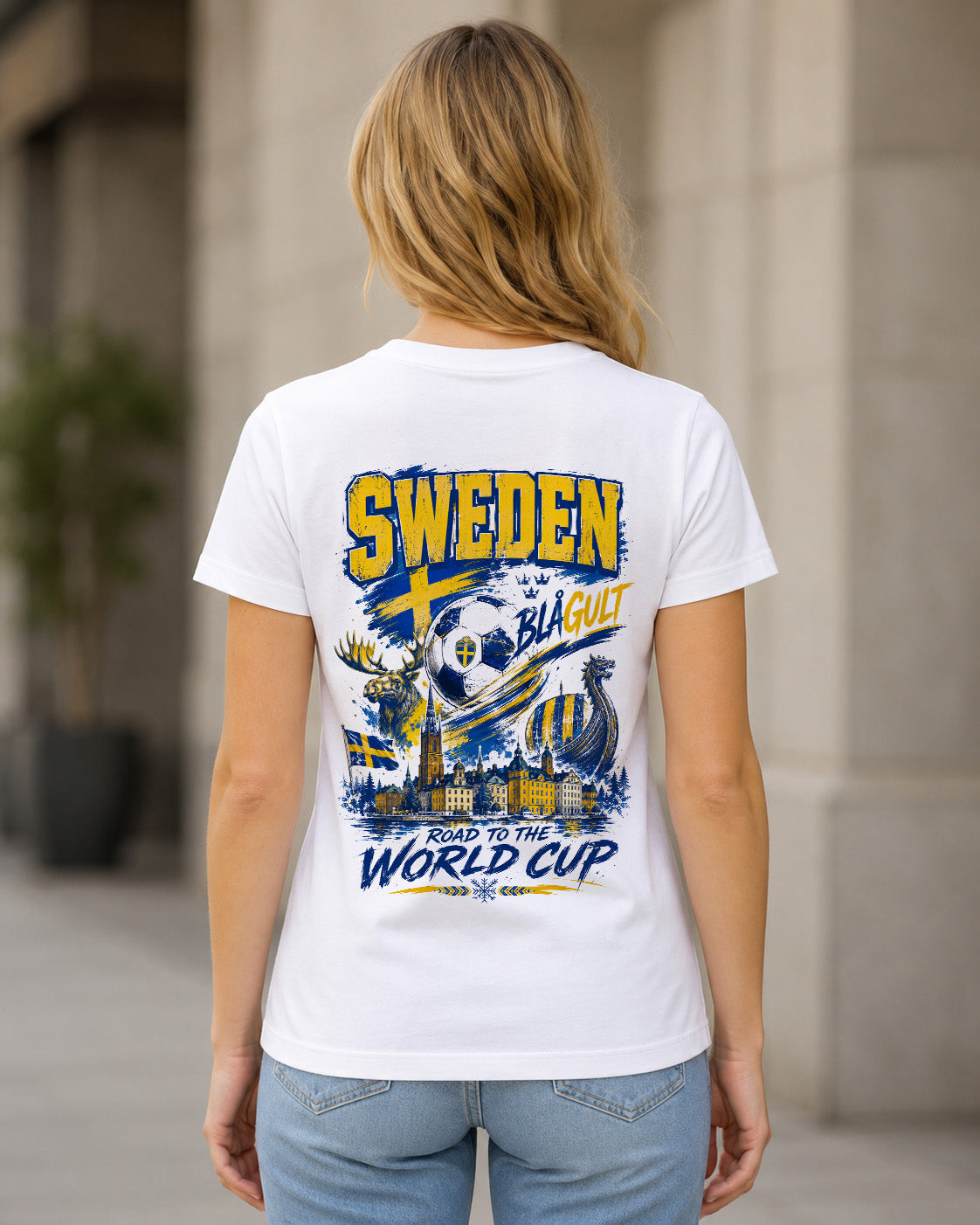 Schweden WM Shirt 2026 – Frauen Shirt Weiss, Rückenprint