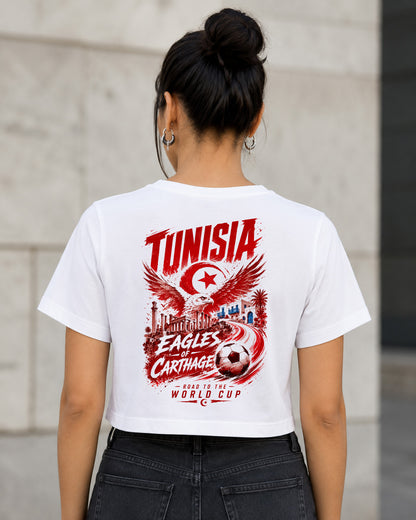 Tunesien WM Shirt 2026 – Frauen Crop Shirt Weiss, Rückenprint