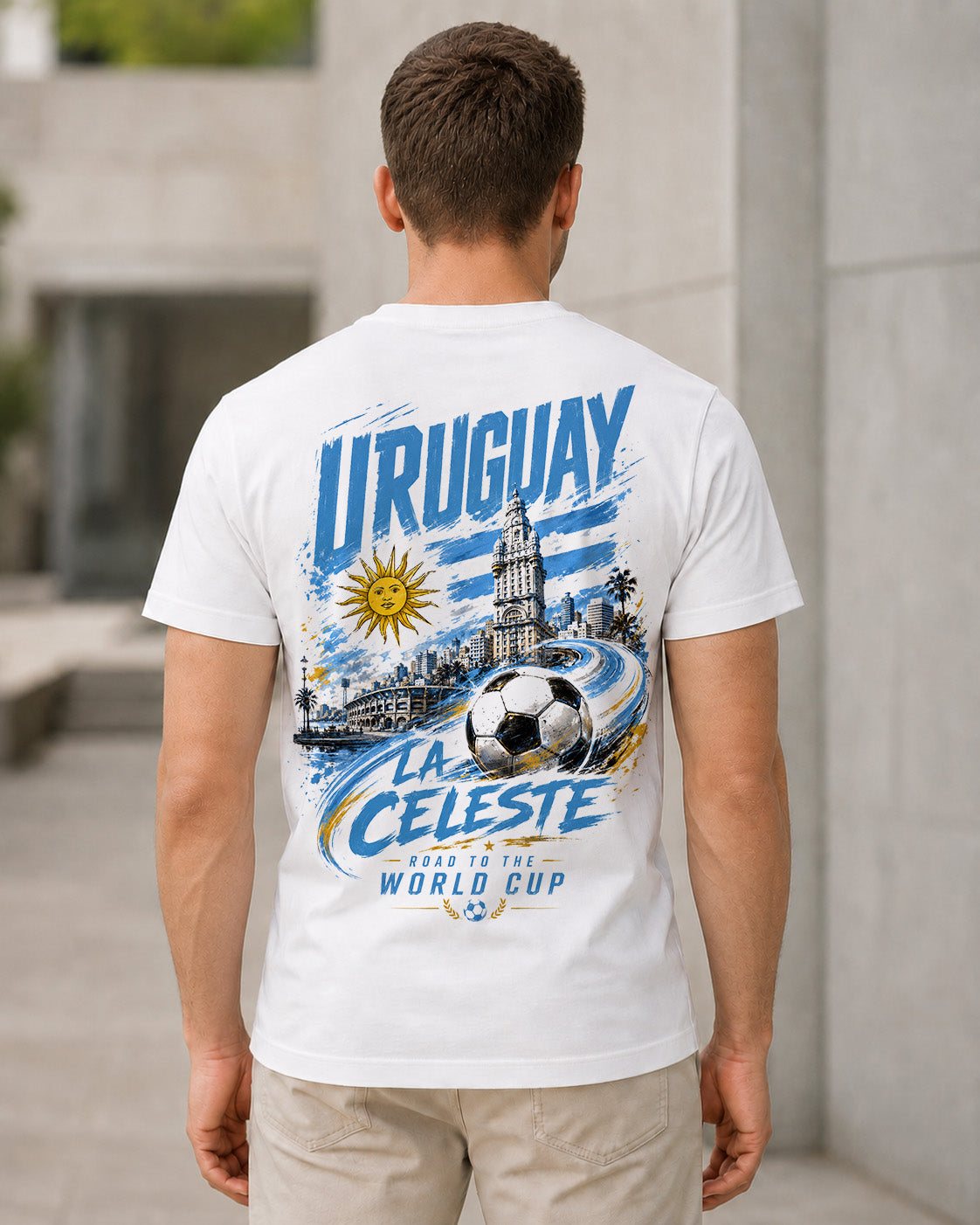 Uruguay WM Shirt 2026 – Bio-Baumwolle Shirt Weiss, Rückenprint