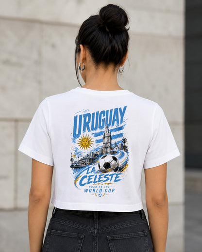 Uruguay WM Shirt 2026 – Frauen Crop Shirt Weiss, Rückenprint