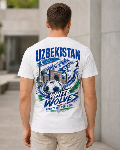 Usbekistan WM Shirt 2026 – Bio-Baumwolle Shirt Weiss, Rückenprint