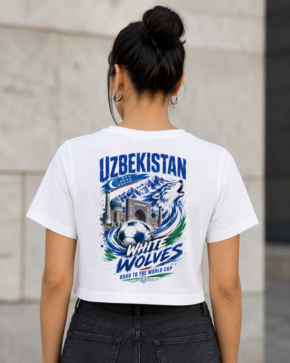 Usbekistan WM Shirt 2026 – Frauen Crop Shirt Weiss, Rückenprint