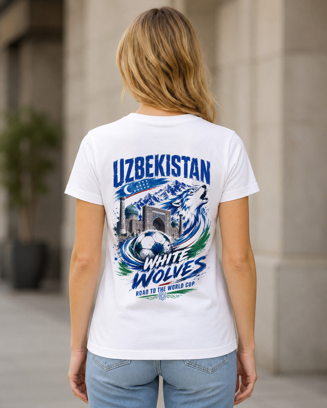 Usbekistan WM Shirt 2026 – Frauen Shirt Weiss, Rückenprint