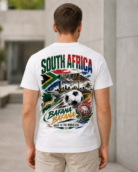 Südafrika WM Shirt 2026 – Bio-Baumwolle Shirt Weiss, Rückenprint