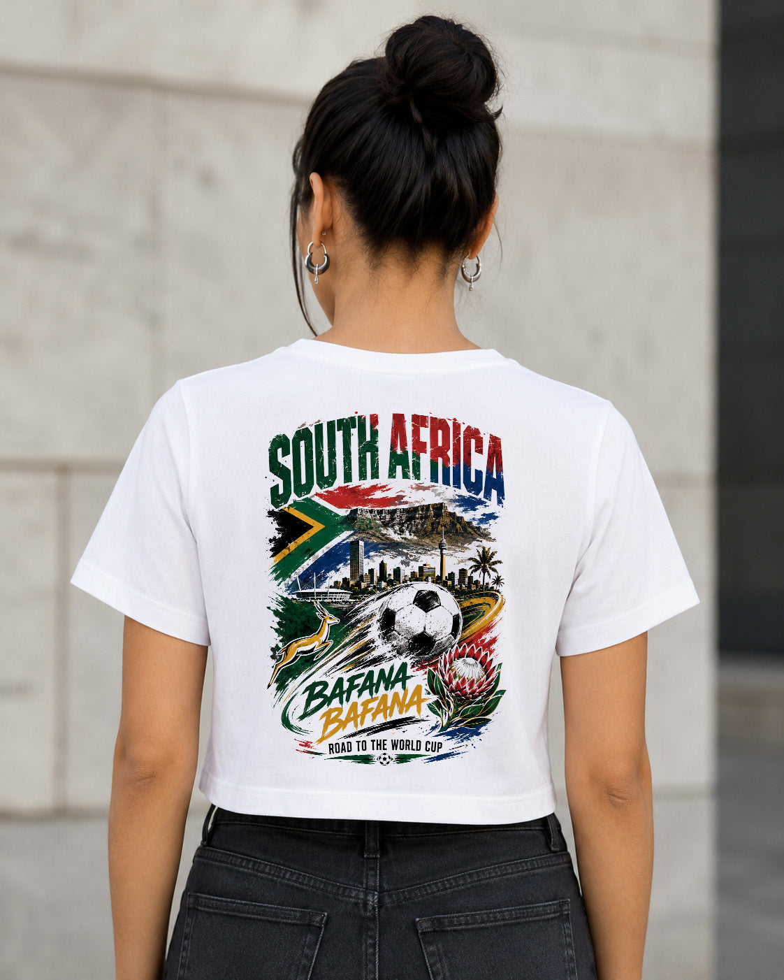 Südafrika WM Shirt 2026 – Frauen Crop Shirt Weiss, Rückenprint