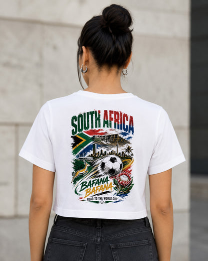 Südafrika WM Shirt 2026 – Frauen Crop Shirt Weiss, Rückenprint